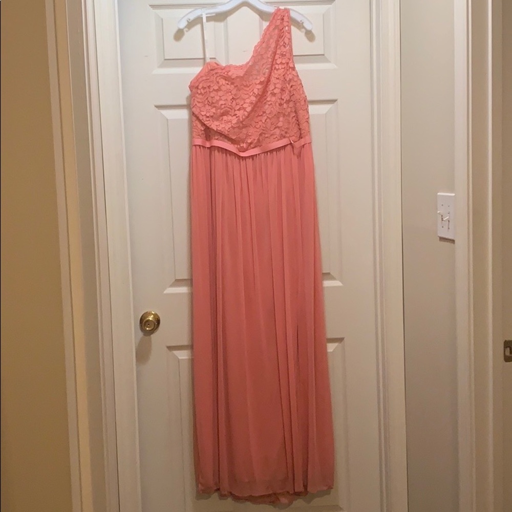 Plus Size Coral One Shoulder Lace Dress. -DB